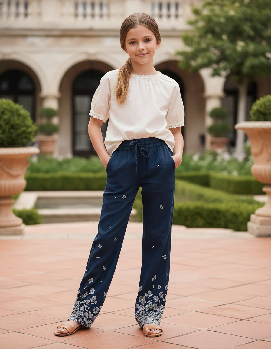 Pantalon En Lin Bleu Marine Ample Imprimé Floral