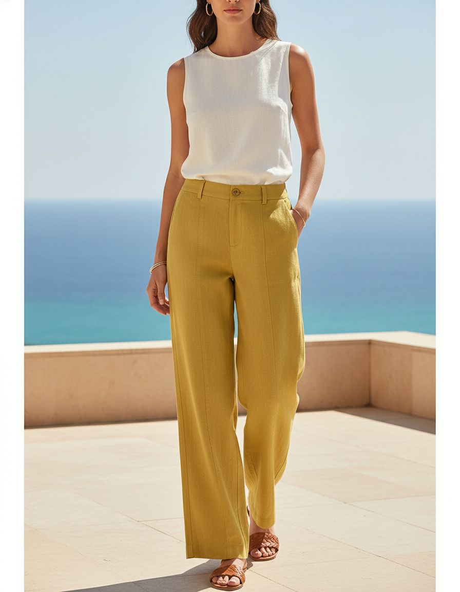 Pantalon En Lin Ample Jaune Moutarde Décontracté Taille Haute