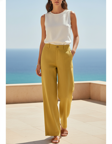 Pantalon En Lin Ample Jaune Moutarde Décontracté Taille Haute