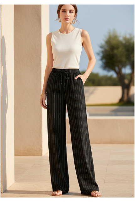 Pantalon Lin Rayures Femme - Noir