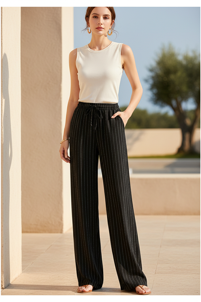 Pantalon Lin Rayures Femme - Noir
