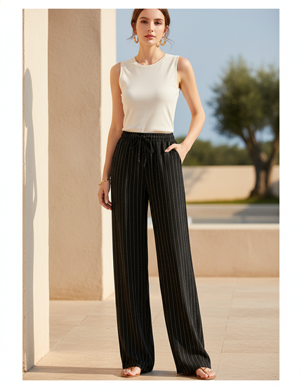 Pantalon Lin Rayures Femme - Noir