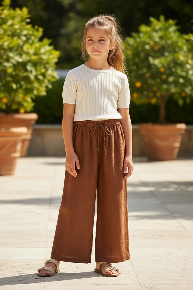 Pantalon En Lin Marron Ample Fluide Taille Élastique