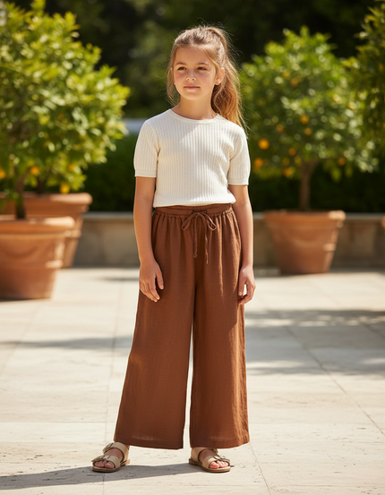 Pantalon En Lin Marron Ample Fluide Taille Élastique