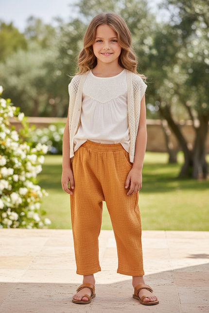 Pantalon En Lin Ample Plissé Enfants Garçon Fille - Camel