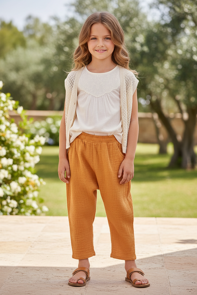 Pantalon En Lin Ample Plissé Enfants Garçon Fille - Camel