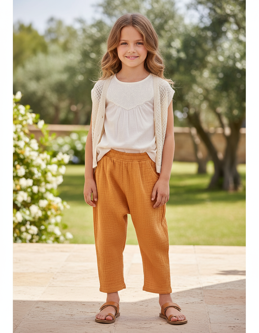 Pantalon En Lin Ample Plissé Enfants Garçon Fille - Camel