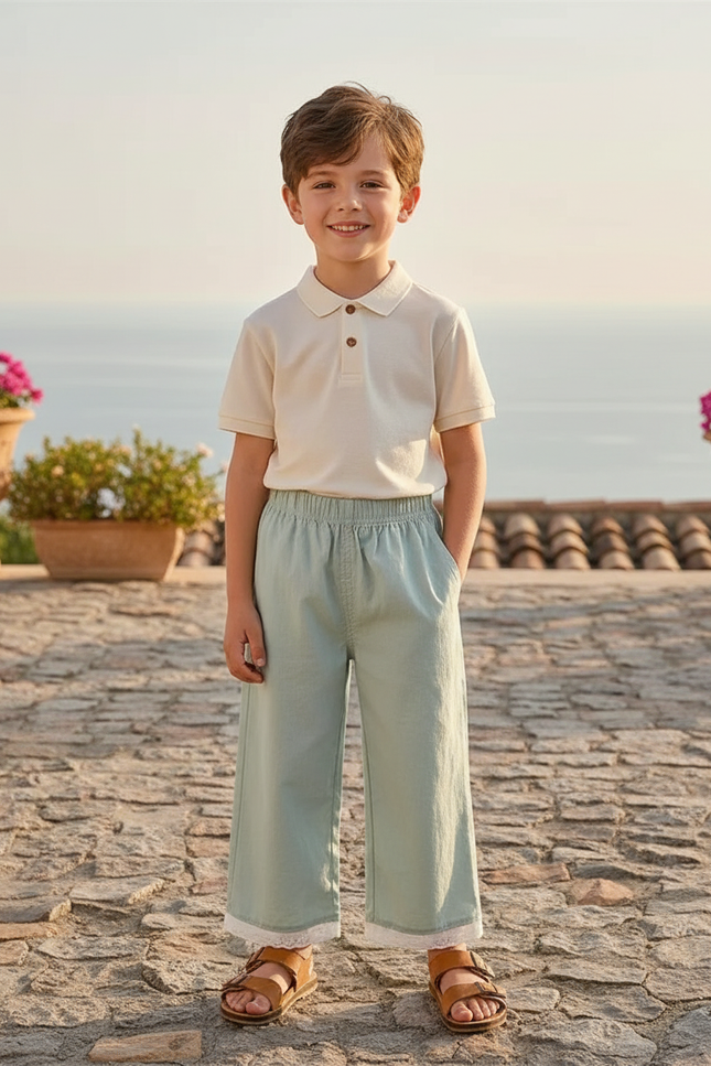 Pantalon En Lin Vert Menthe Ample Dentelle Enfant