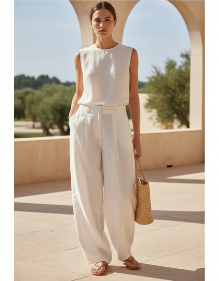 Pantalon Lin Avec Ceinture - Blanc