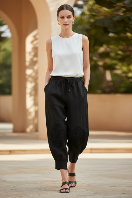 Pantalon En Lin Noir Harem Brodé Femme Décontracté