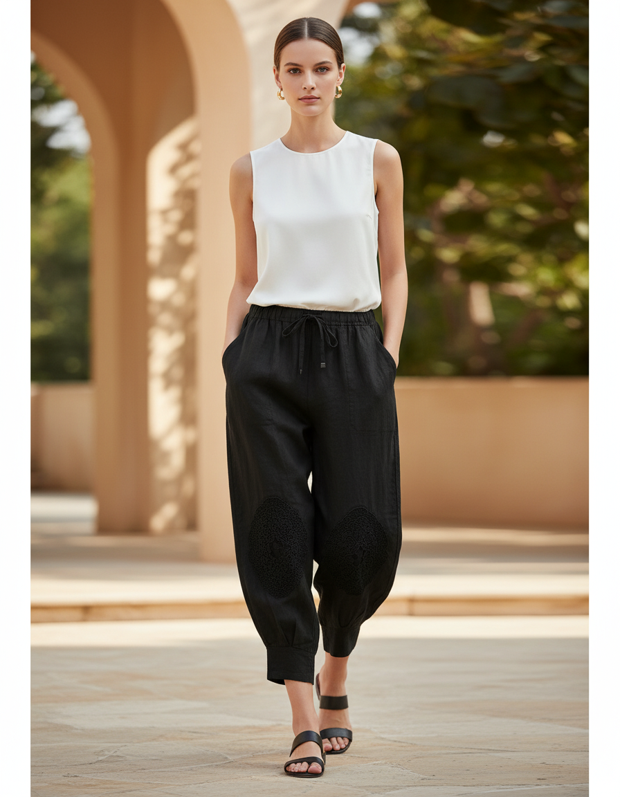Pantalon En Lin Noir Harem Brodé Femme Décontracté