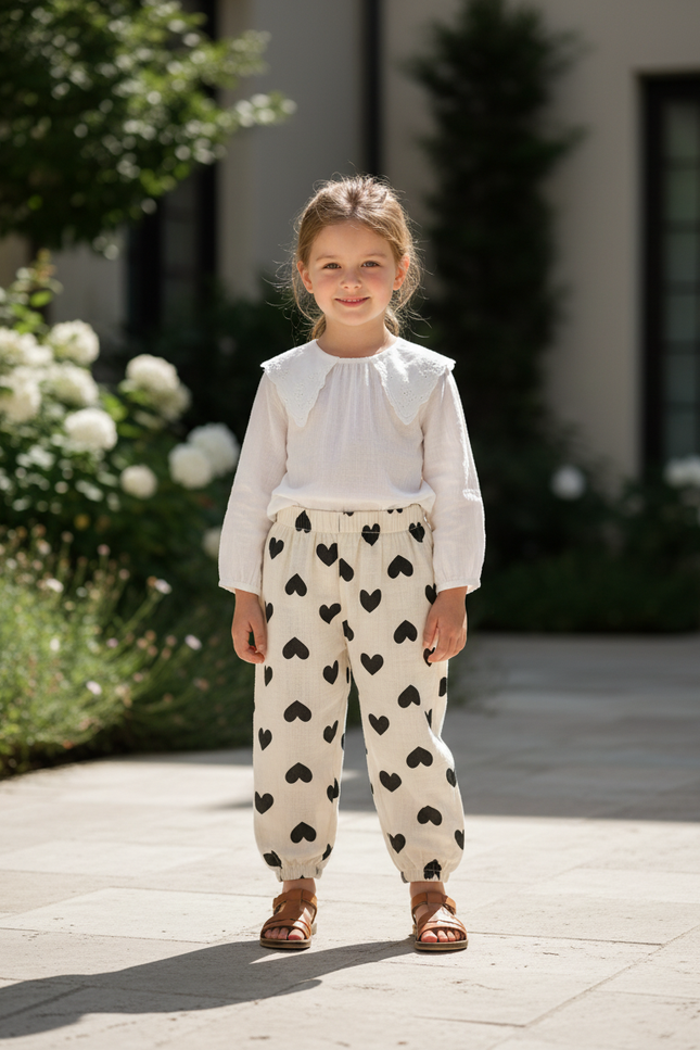 Pantalon En Lin Cœurs Noirs Ample Confortable Enfant - Imprimé