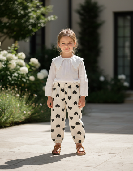 Pantalon En Lin Cœurs Noirs Ample Confortable Enfant - Imprimé