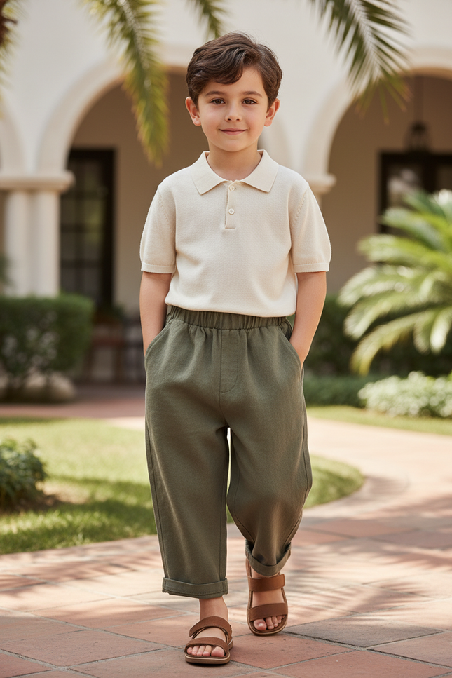 Pantalon En Lin Garçon Vert Olive Coupe Ample - Kaki