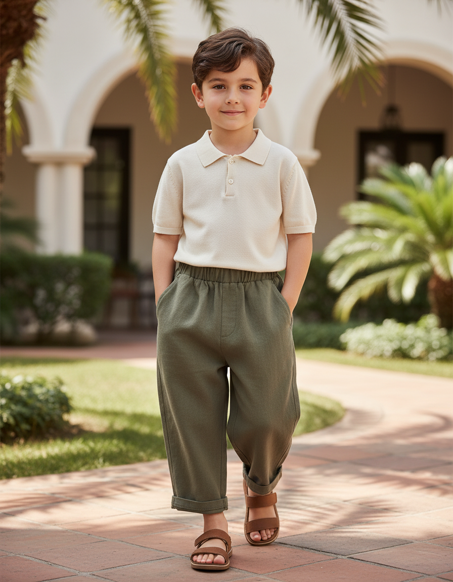 Pantalon En Lin Garçon Vert Olive Coupe Ample - Kaki