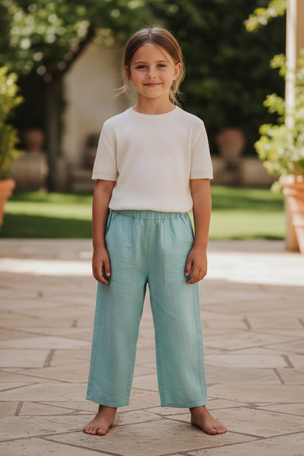 Pantalon En Lin Vert Ample Élastique Poches Enfant