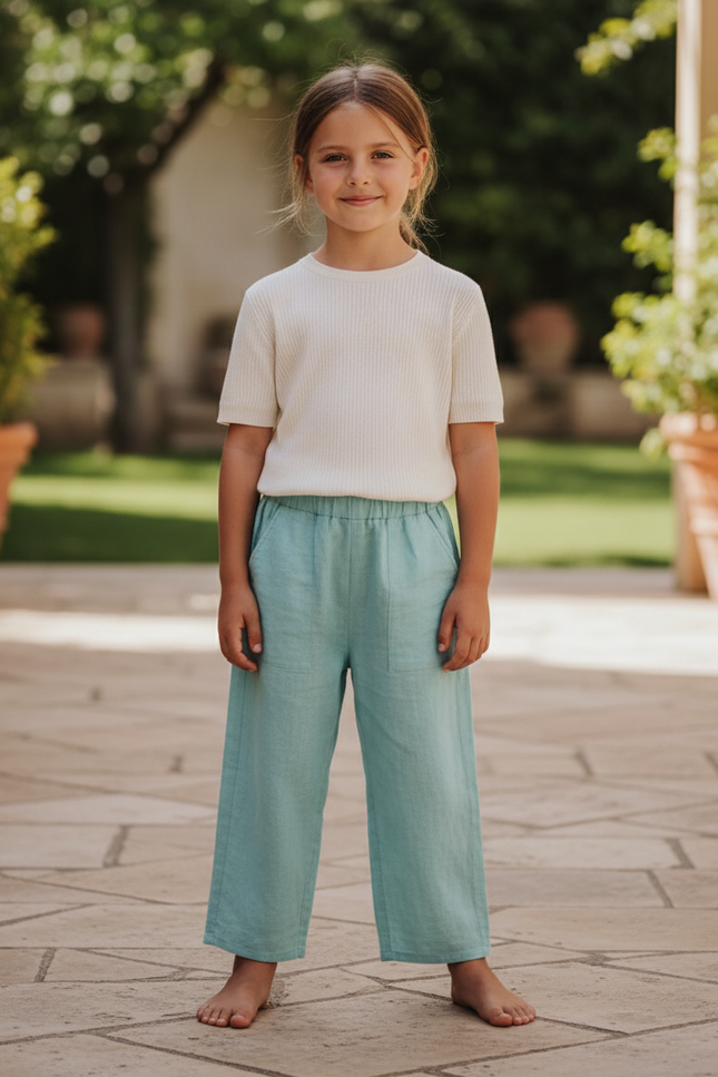 Pantalon En Lin Vert Ample Élastique Poches Enfant
