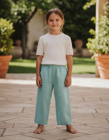 Pantalon En Lin Vert Ample Élastique Poches Enfant