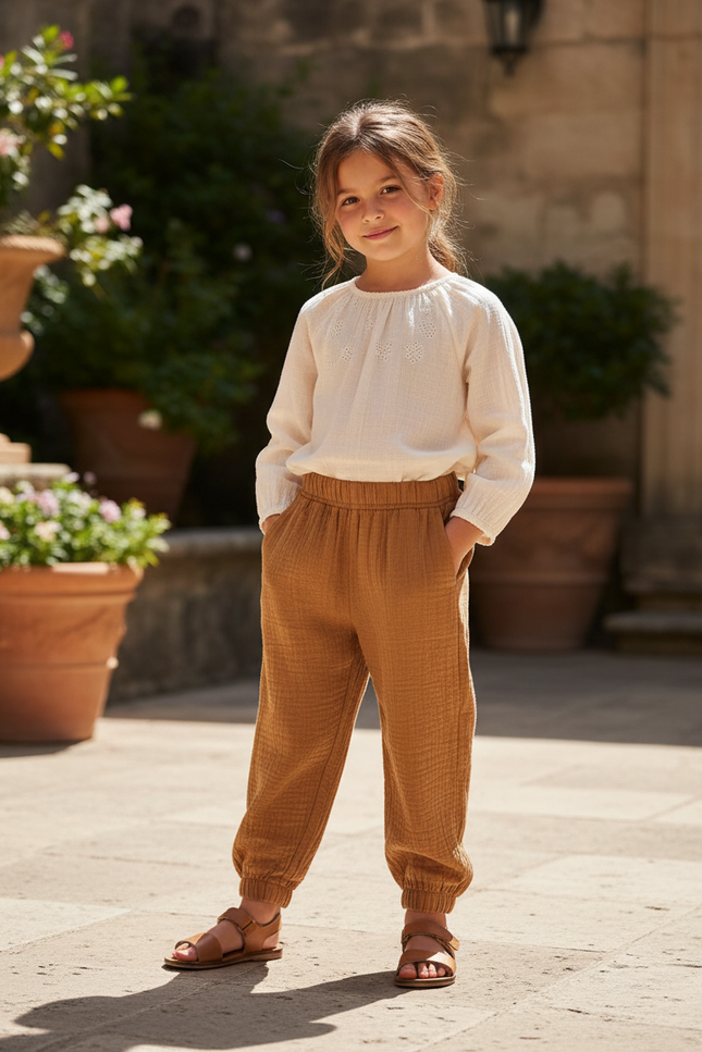 Pantalon En Lin Marron Ample Gaze Confortable Enfant