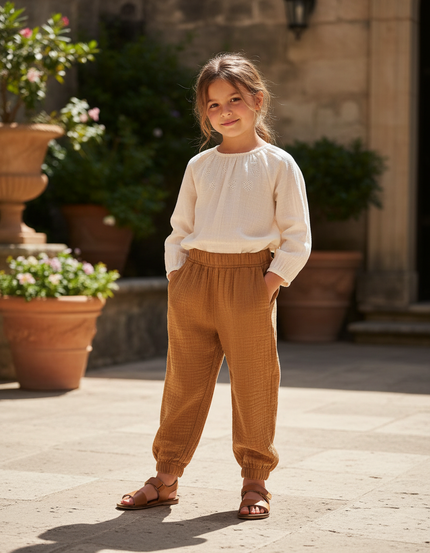 Pantalon En Lin Marron Ample Gaze Confortable Enfant