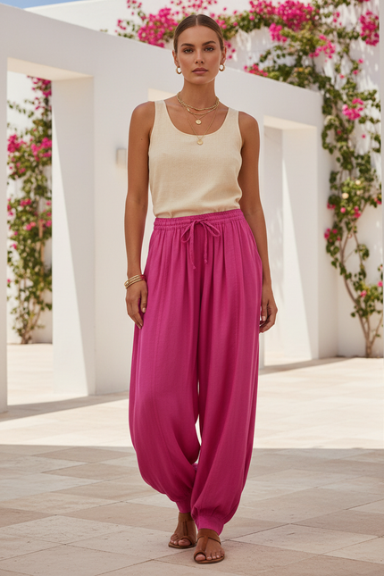 Pantalon En Lin Fushia Ample Décontracté Fluide Femme - Rose