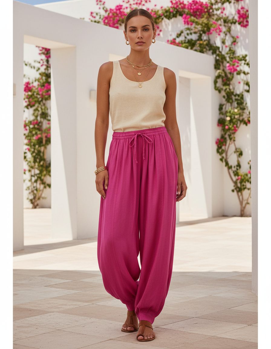 Pantalon En Lin Fushia Ample Décontracté Fluide Femme - Rose