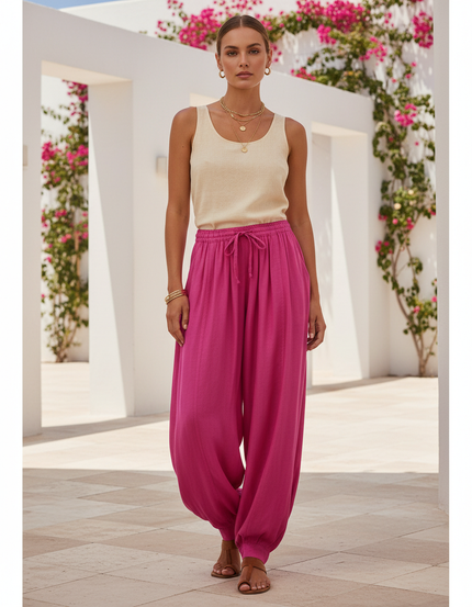 Pantalon En Lin Fushia Ample Décontracté Fluide Femme - Rose
