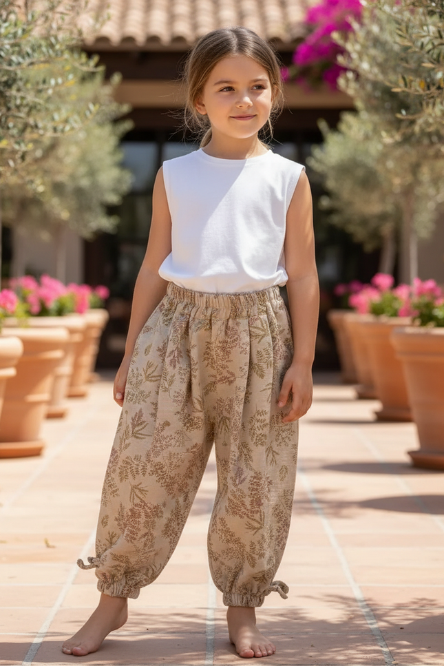 Pantalon En Lin Ample Floral Beige Décontracté Fille