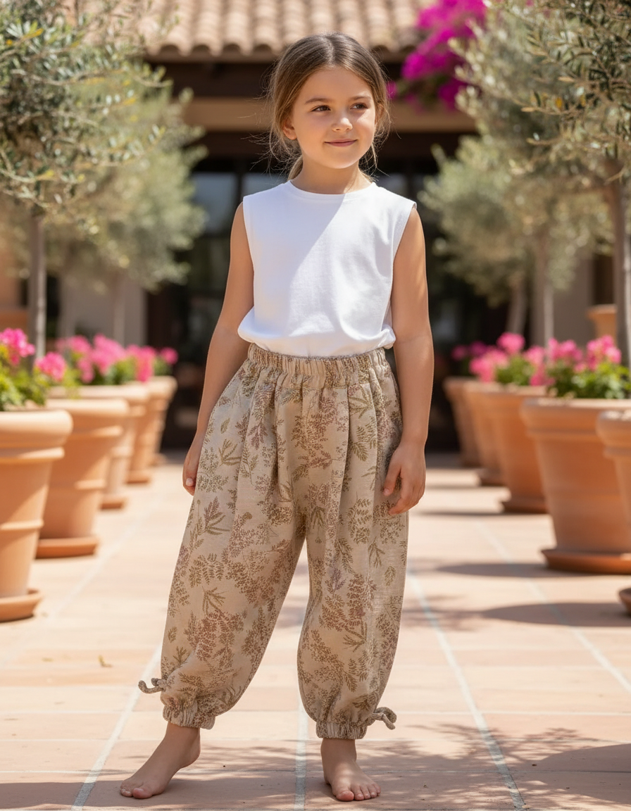 Pantalon En Lin Ample Floral Beige Décontracté Fille