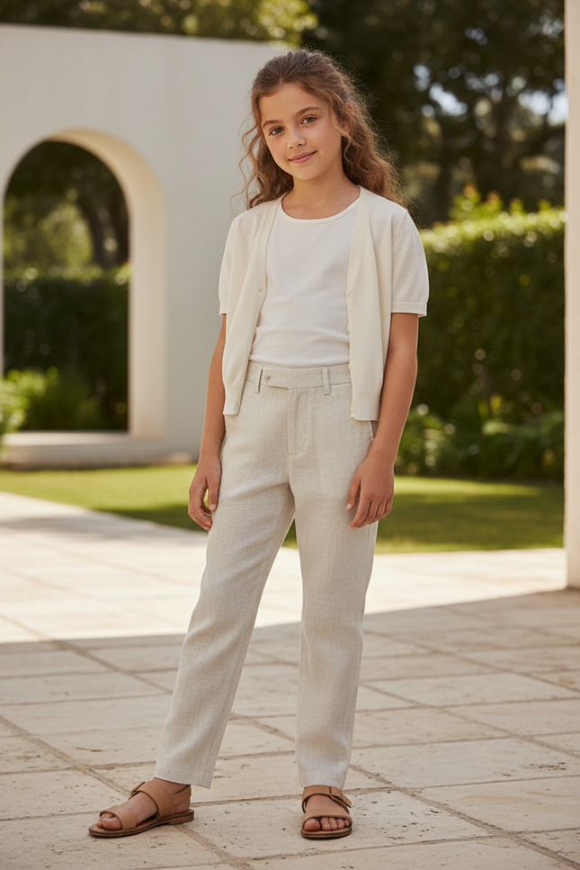 Pantalon En Lin Écru Droit Confortable Enfant - Beige