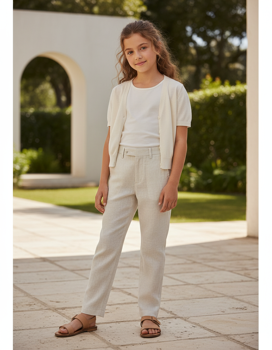 Pantalon En Lin Écru Droit Confortable Enfant - Beige
