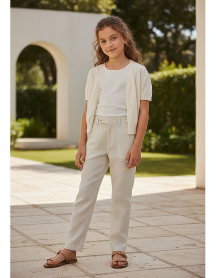 Pantalon En Lin Écru Droit Confortable Enfant - Beige