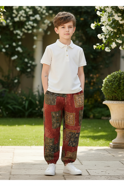 Pantalon En Lin Rouge Motif Ethnique Ample Garçon