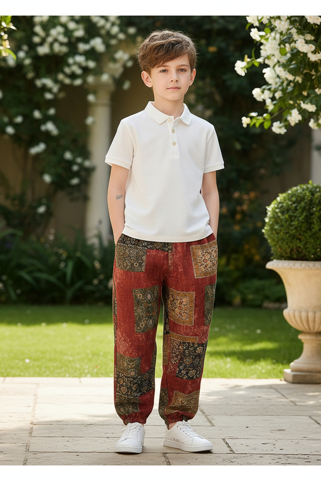 Pantalon En Lin Rouge Motif Ethnique Ample Garçon