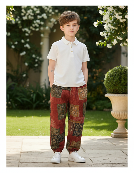 Pantalon En Lin Rouge Motif Ethnique Ample Garçon