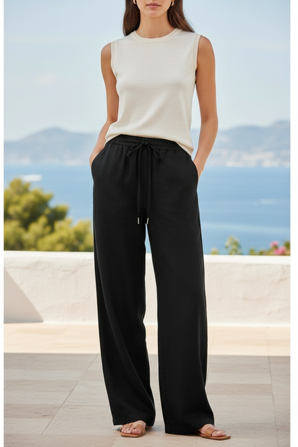 Pantalon En Lin Noir Ample Fluide Cordon Décontracté