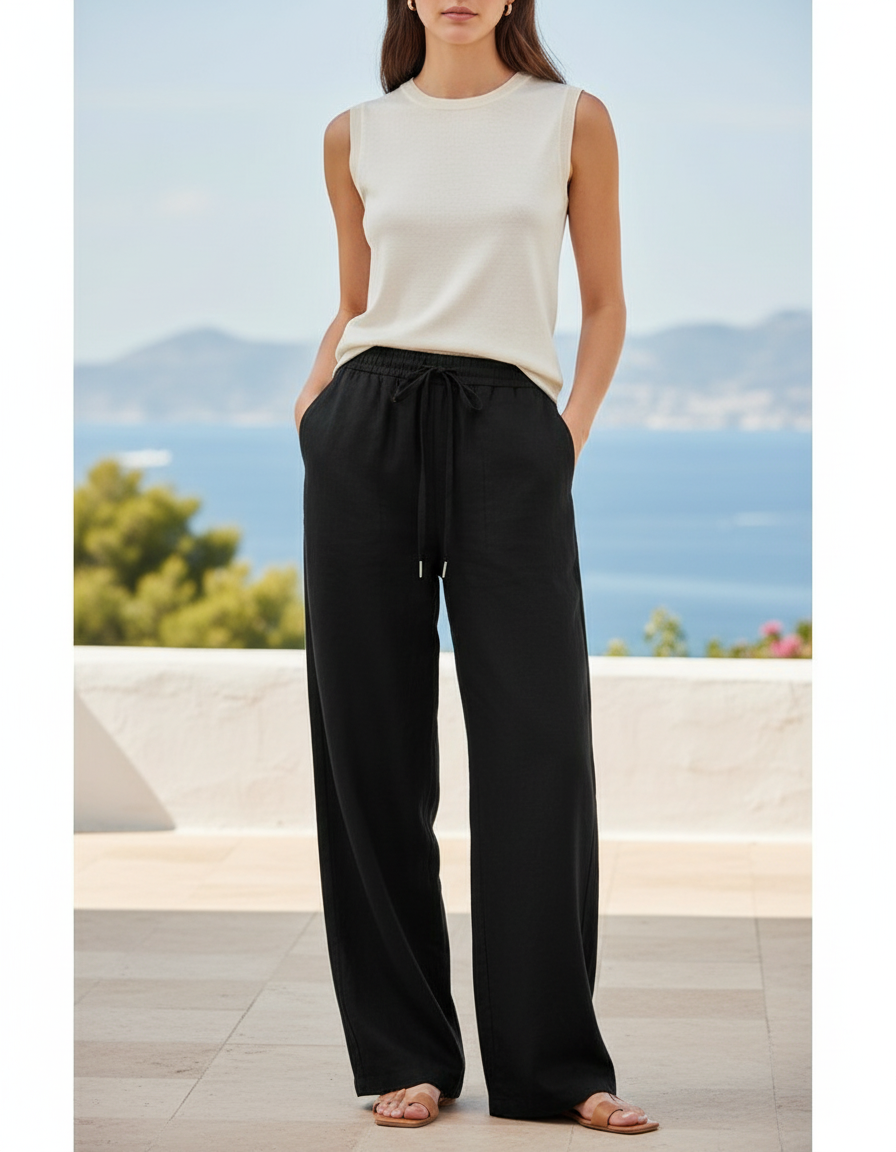 Pantalon En Lin Noir Ample Fluide Cordon Décontracté