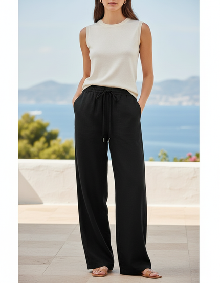 Pantalon En Lin Noir Ample Fluide Cordon Décontracté