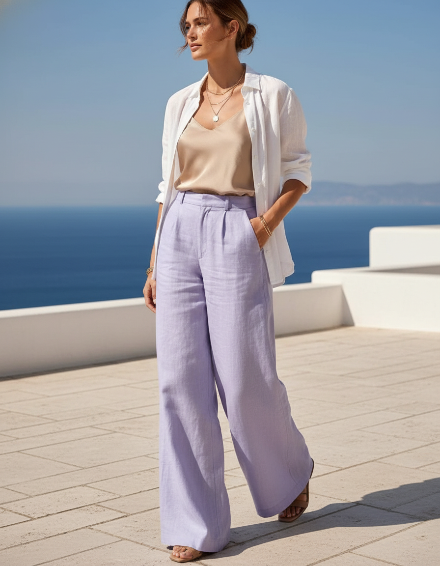 Pantalon En Lin Violet Ample Taille Haute Femme