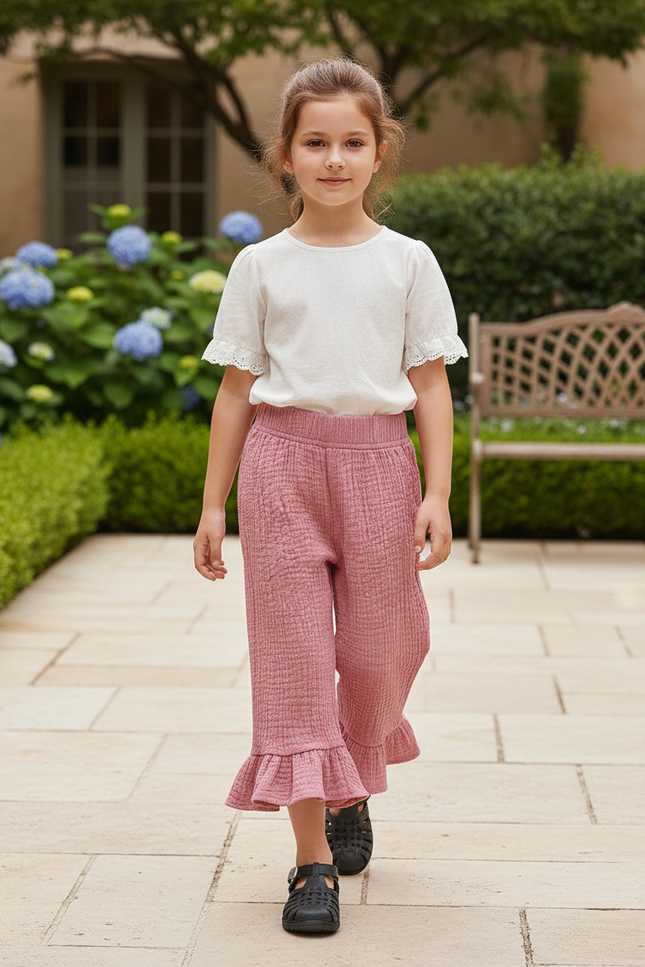 Pantalon En Lin Rose Plissé Volants Ample Fille