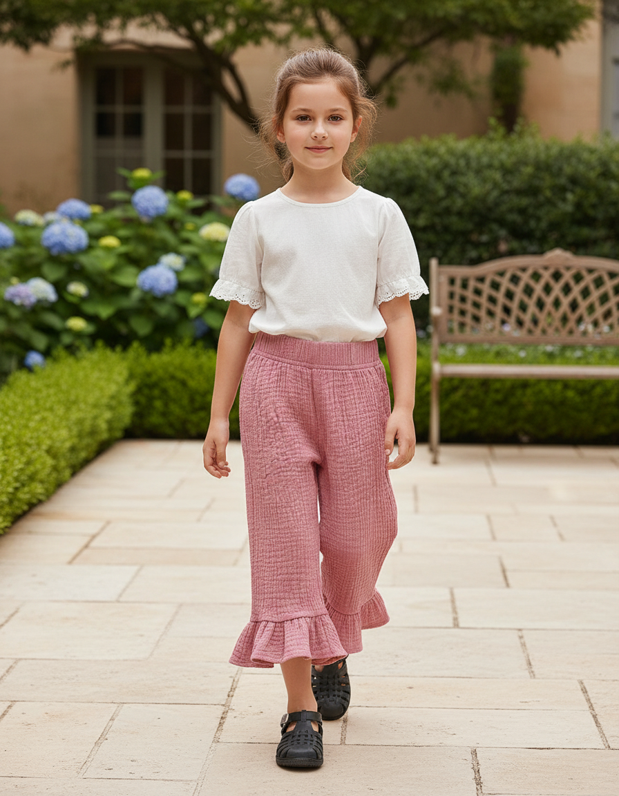 Pantalon En Lin Rose Plissé Volants Ample Fille