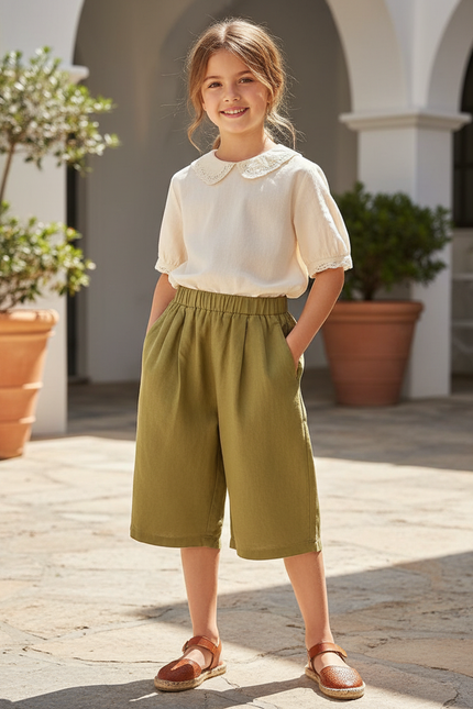 Pantalon En Lin Enfant Ample Vert Kaki Fluide