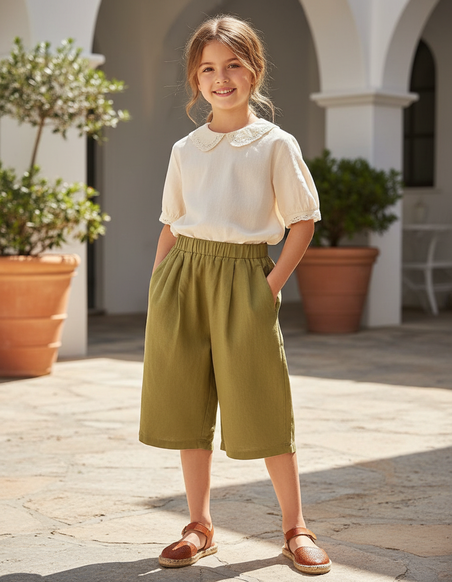 Pantalon En Lin Enfant Ample Vert Kaki Fluide