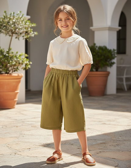 Pantalon En Lin Enfant Ample Vert Kaki Fluide