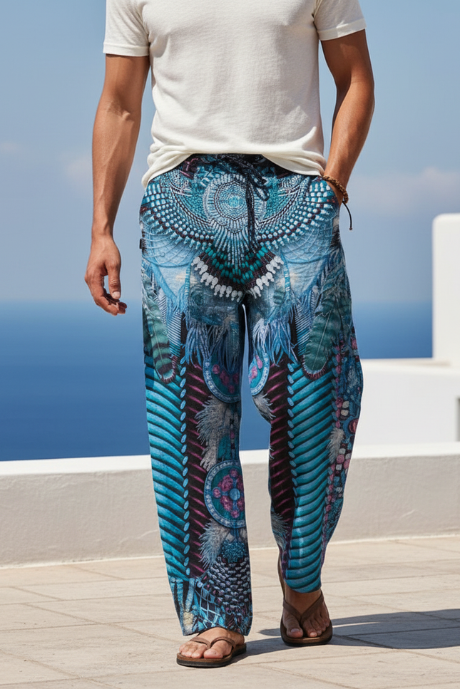 Pantalon En Lin Imprimé Bleu Ample Décontracté Homme