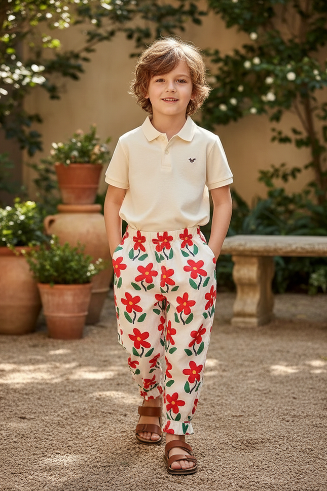 Pantalon En Lin Blanc Imprimé Floral Rouge Ample