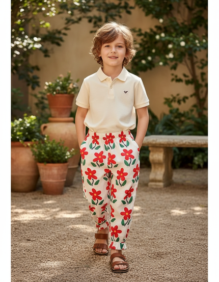 Pantalon En Lin Blanc Imprimé Floral Rouge Ample