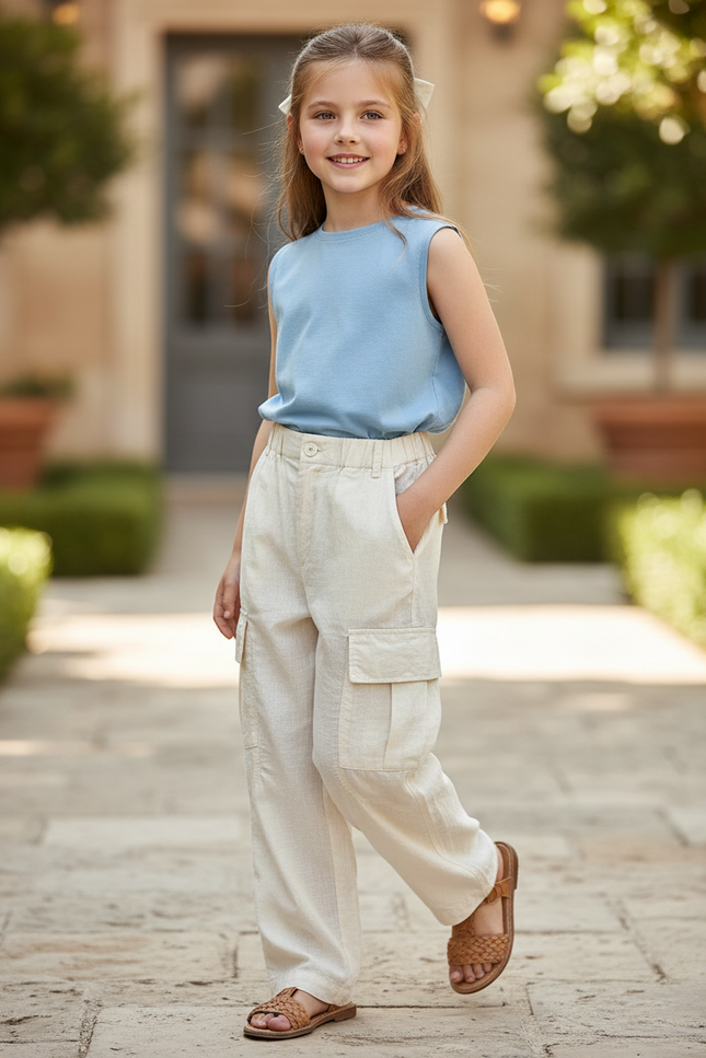 Pantalon En Lin Beige Ample Cargo Enfant Décontracté