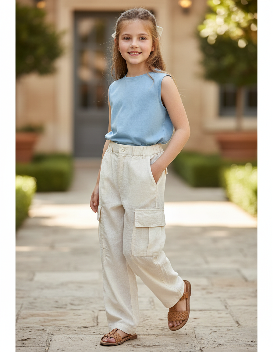 Pantalon En Lin Beige Ample Cargo Enfant Décontracté
