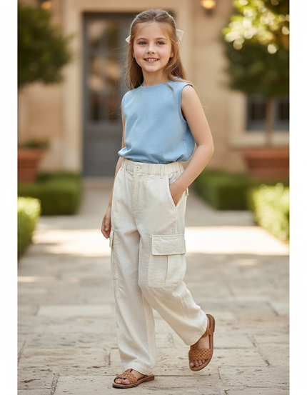 Pantalon En Lin Beige Ample Cargo Enfant Décontracté